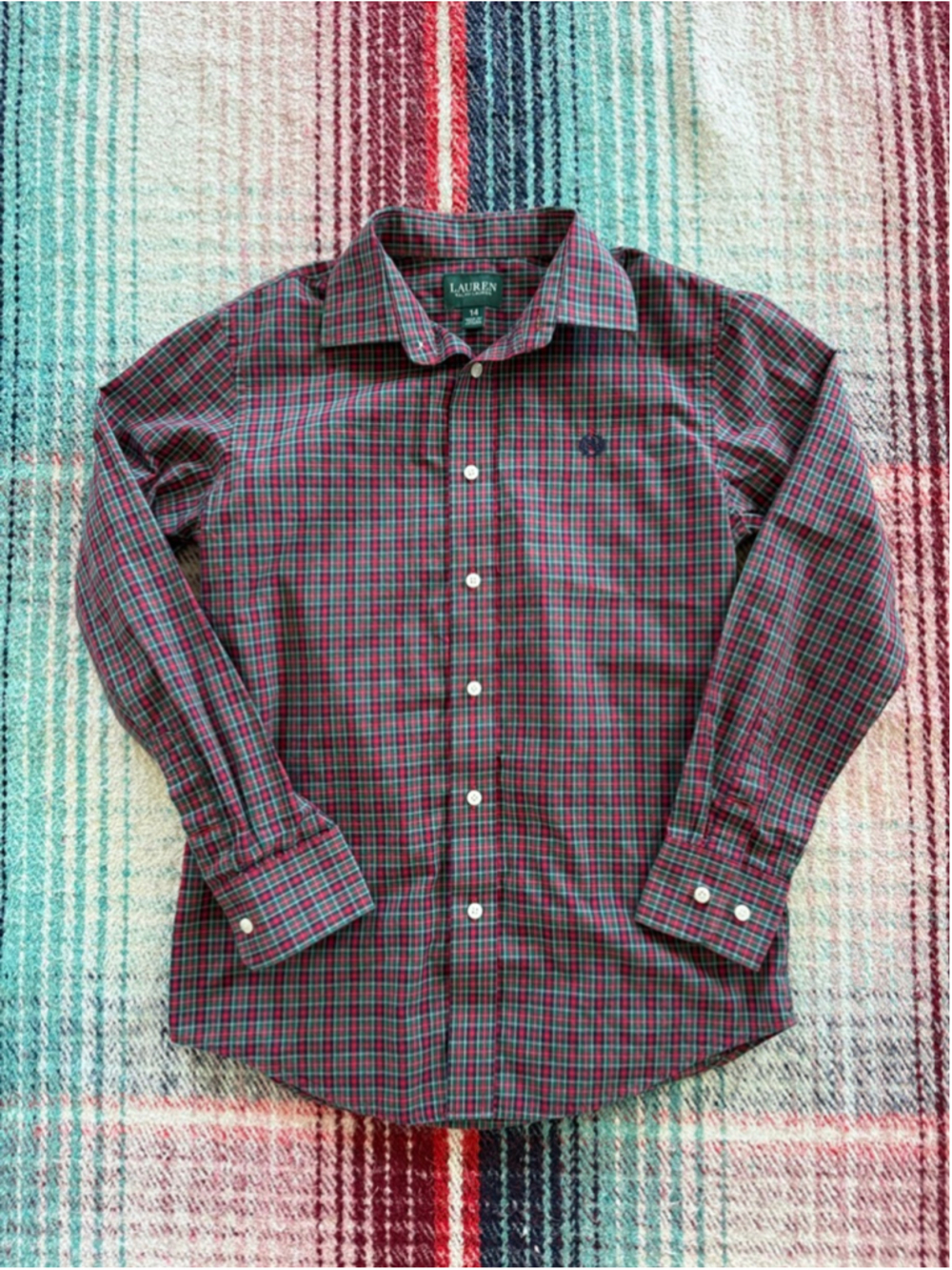 Boys Lauren Ralph Lauren Plaid Button Down Shirt 14 Red Green